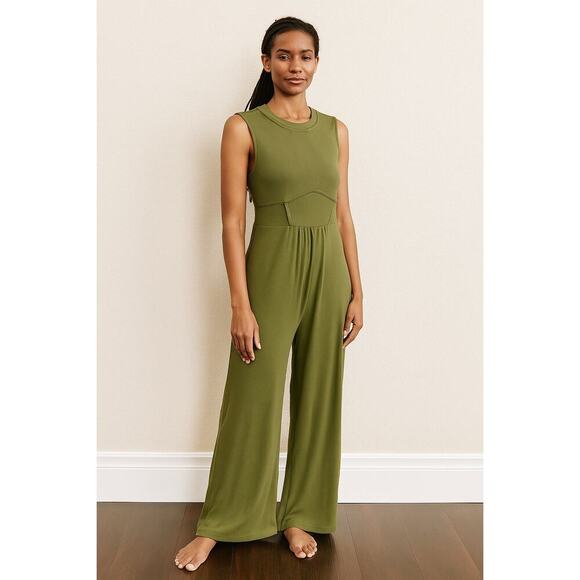 New Cider Olive Green Ribbed Knit Wide Leg Jumpsuit Women's 0XL 12/14 Stretchy - Picture 1 of 6